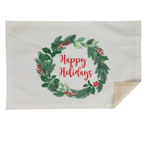 NWT Set of 4- Cream- Happy Holidays- Holly Wreath- Dining Table Placemats 12x18 - Picture 5 of 15